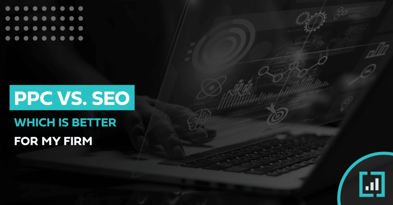 PPC vs. SEO comparison with digital marketing elements and laptop use, emphasizing data-driven decisions.