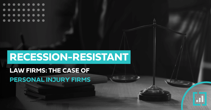 Monochromatic image showing balance scale and legal books, titled How Personal Injury Law Firms Thrive During Recessions.