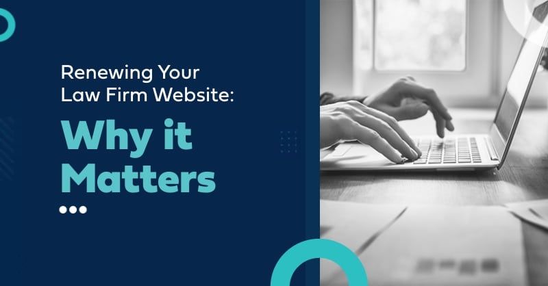 Guide to Updating Law Firm Websites, featuring text and a person typing on a laptop.