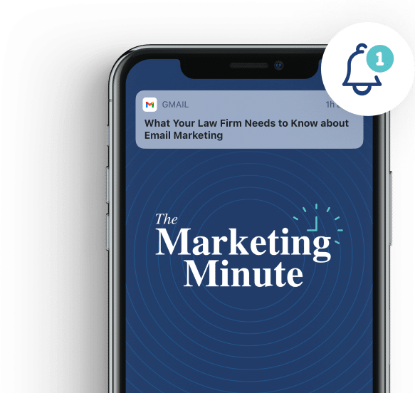Smartphone screen showing Gmail app with an email about marketing strategies for law firms.