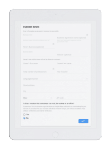 Detailed business information form with sections for contact, history, and financial details.