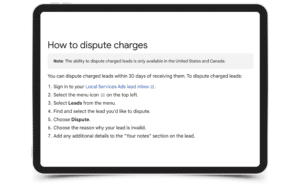 Guide on disputing charges via Local Services Ads on a modern tablet display.