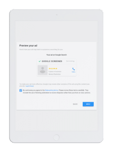 Digital tablet showcases Google ad creation interface with editable fields on a clean layout.