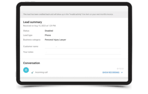 CRM dashboard on tablet showing lead details and recording for a Personal Injury Lawyer.