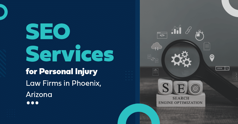 SEO services ad for Phoenix personal injury law firms, highlighting search tools and analytics.