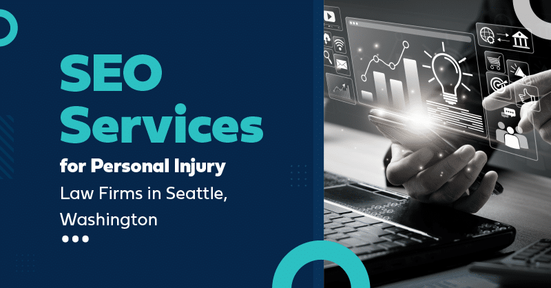Modern SEO ad for Seattle personal injury lawyers, featuring interactive digital tools and bold text.
