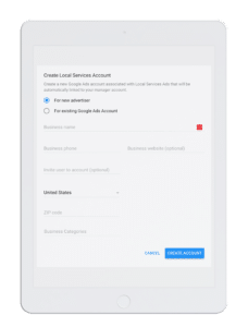 Tablet showing Local Services Account setup for advertisers.