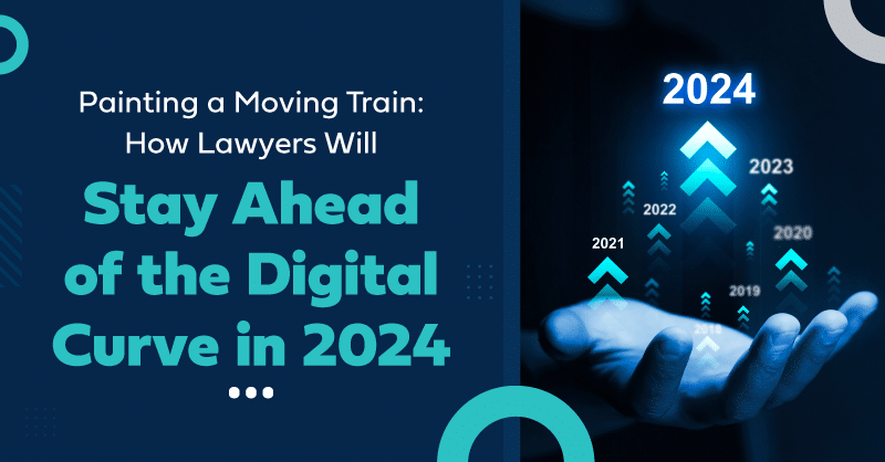 Hand selects 2024 on rising tech trend graph for lawyers, against a dynamic blue backdrop.