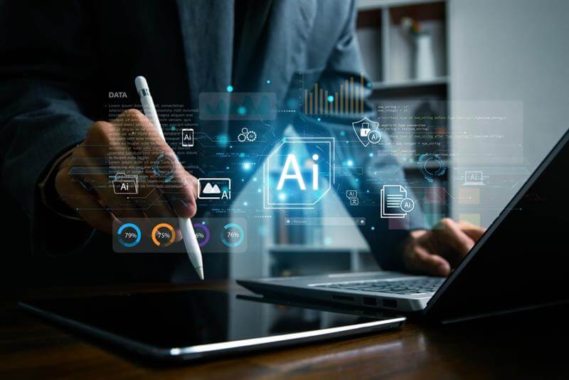 The concepts of artificial intelligence, simplified and growing business process automation, data analysis.