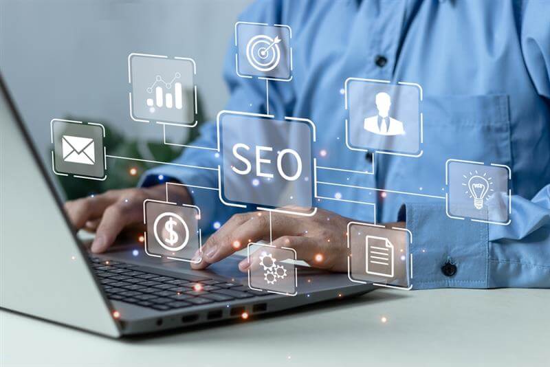 Businessman using a computer for analysis SEO Search Engine Optimization.